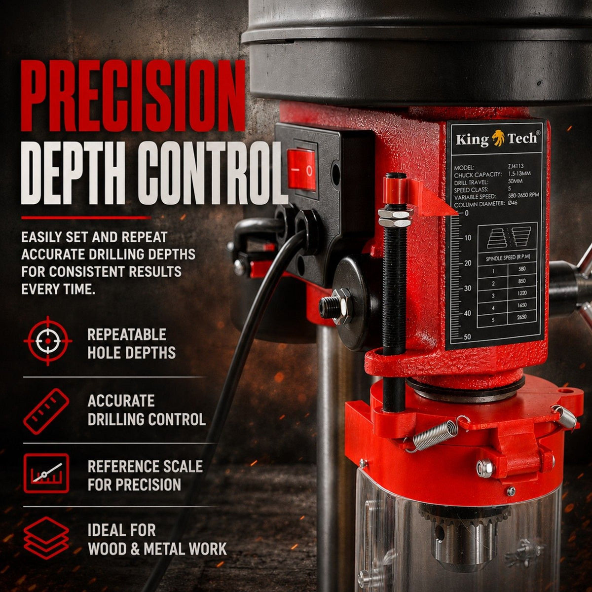 King Tech 450W Drill Press Pedestal Benchtop Bench Stand Pillar 5 Variable Speed