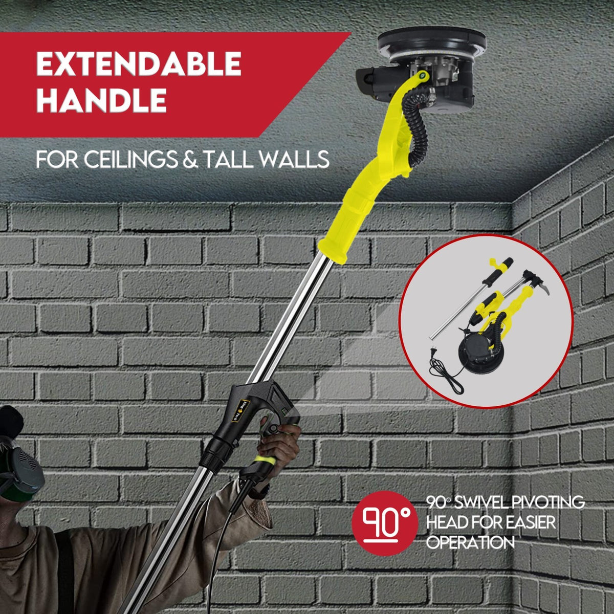 2000W Electric Drywall Sander Hand-Held Machine Plaster Wall Vacuum Bag 7-Speed