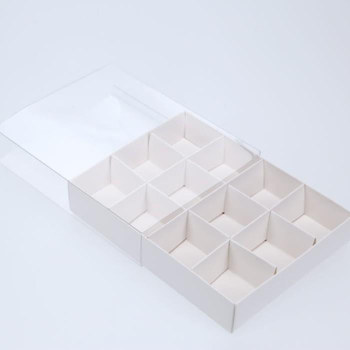 100 Pack of White Card Chocolate Sweet Soap Product Retail Gift Box - 12 bay 4x4x3cm Compartments  - Clear Slide On Lid - 16x12x3cm