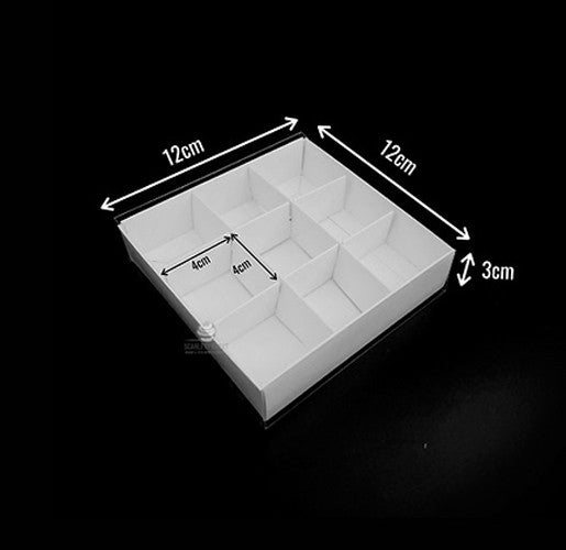 100 Pack of White Card Chocolate Sweet Soap Product Retail Gift Box - 9 bay 4x4x3cm Compartments  - Clear Slide On Lid - 12x12x3cm