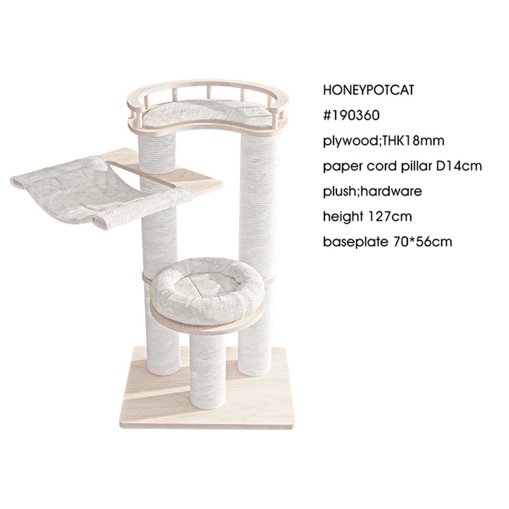 HONEYPOTCAT Leisure Loft With Hammock & Scratch Post - White Velvet - 127cm