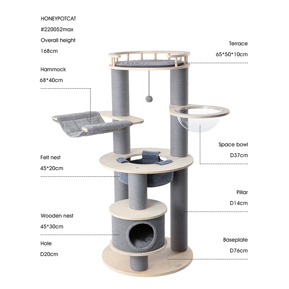 HONEYPOTCAT Majestic Reinforced Multi-Level Cat Tree With Hammock - 168cm