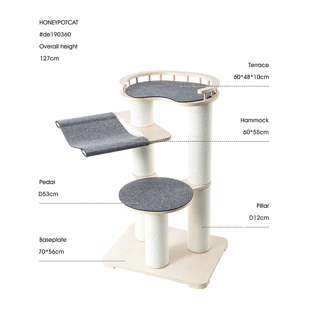 HONEYPOTCAT Leisure Loft With Hammock & Scratch Post - Gray Felt - 127cm