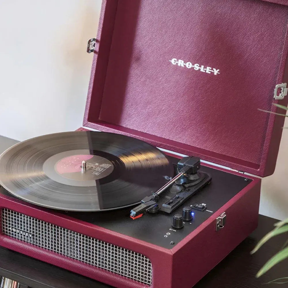 Crosley Voyager Bluetooth Portable Turntable + Bundled Crosley Record Storage Display Stand - Burgundy