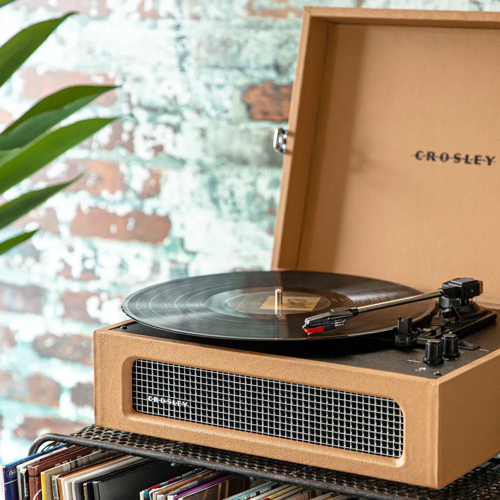 Crosley Voyager Bluetooth Portable Turntable + Gadhouse Vinyl Rack Bundle - Tan