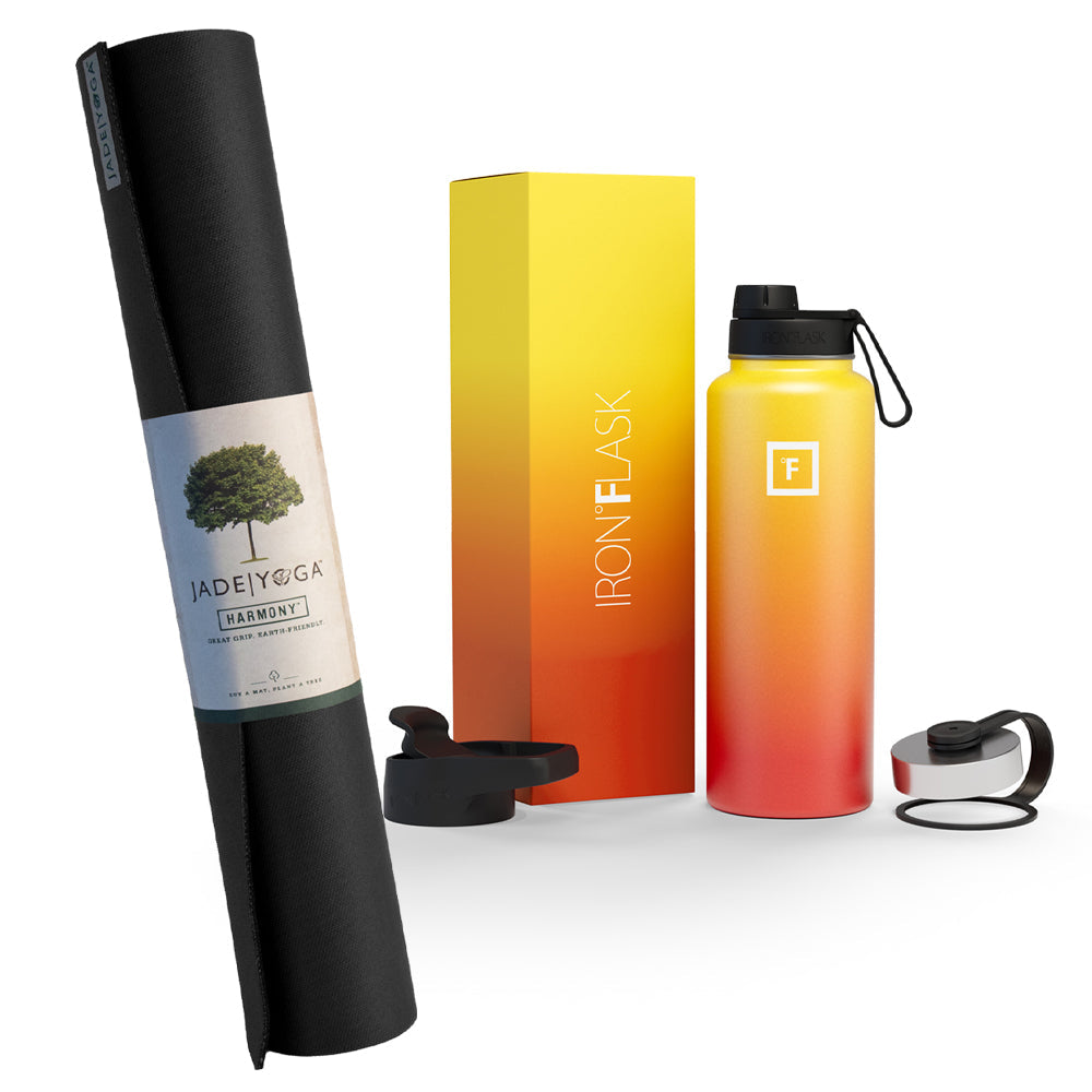Jade Yoga Harmony Mat- Black &amp; Iron Flask Wide Mouth Bottle with Spout Lid, Fire, 32oz/950ml Bundle