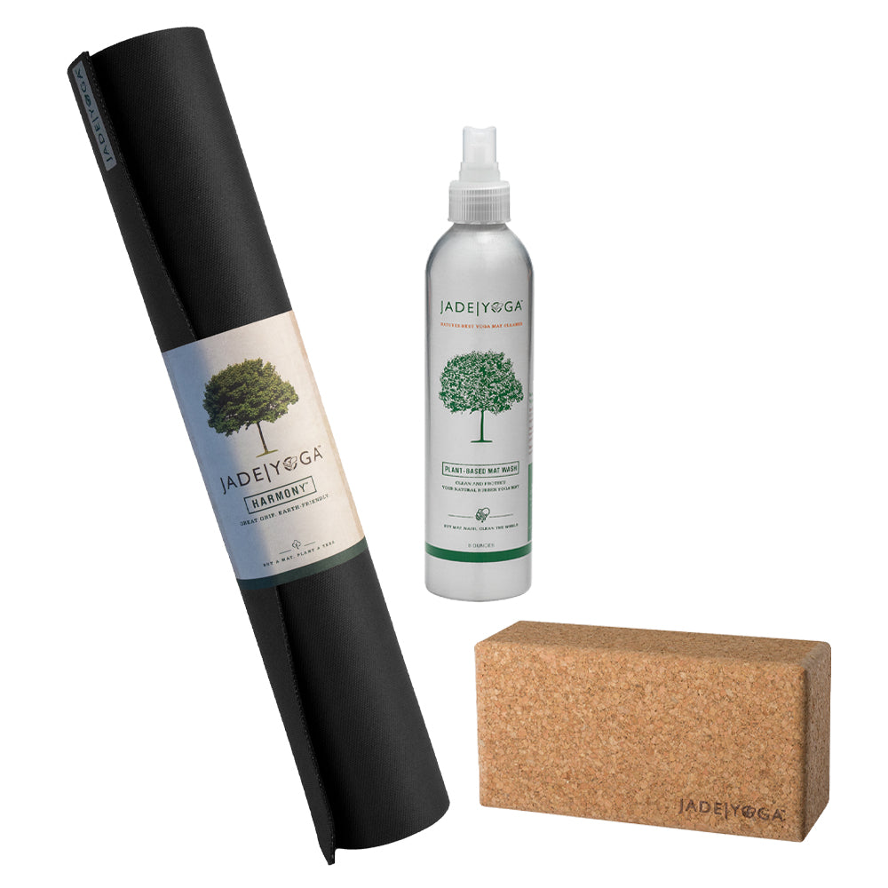 Jade Yoga Harmony Mat- Black &amp; Jade Yoga Cork Yoga Block - Small + Jade Yoga Plant Based Mat Wash - 8 oz Starter Kit