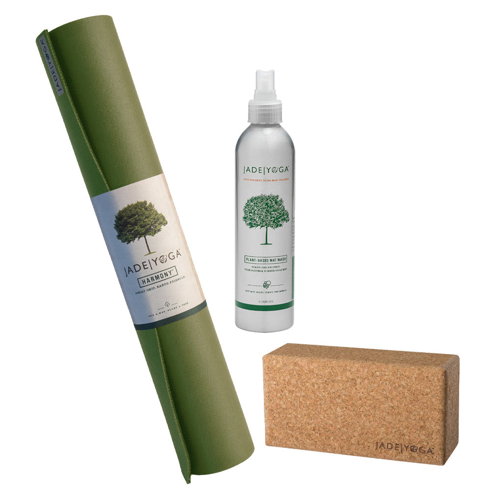 Jade Yoga Harmony Mat - Olive &amp; Jade Yoga Cork Yoga Block - Small + Jade Yoga Plant Based Mat Wash - 8 oz Starter Kit
