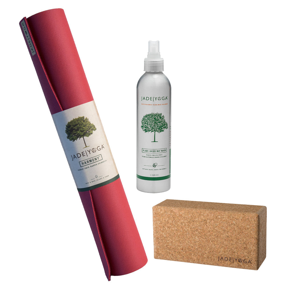 Jade Yoga Harmony Mat - Raspberry &amp; Jade Yoga Cork Yoga Block - Small + Jade Yoga Plant Based Mat Wash - 8 oz Starter Kit