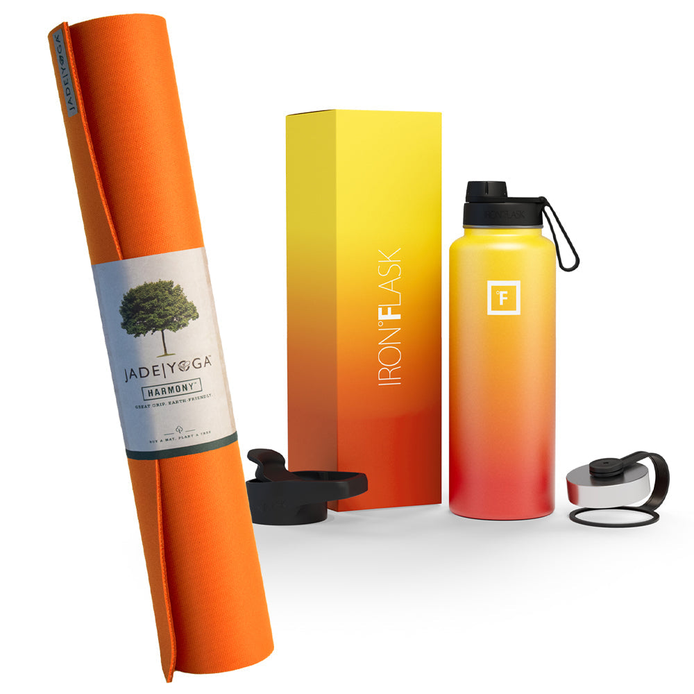 Jade Yoga Harmony Mat - Orange &amp; Iron Flask Wide Mouth Bottle with Spout Lid, Fire, 32oz/950ml Bundle