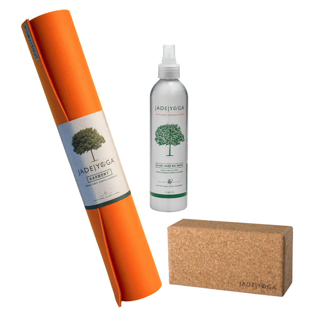 Jade Yoga Harmony Mat - Orange &amp; Jade Yoga Cork Yoga Block - Small + Jade Yoga Plant Based Mat Wash - 8 oz Starter Kit