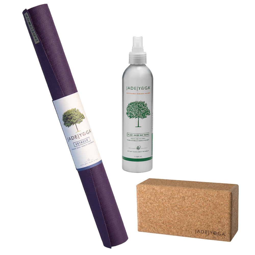 Jade Yoga Voyager Mat - Purple &amp; Jade Yoga Cork Yoga Block - Small + Jade Yoga Plant Based Mat Wash - 8 oz Starter Kit