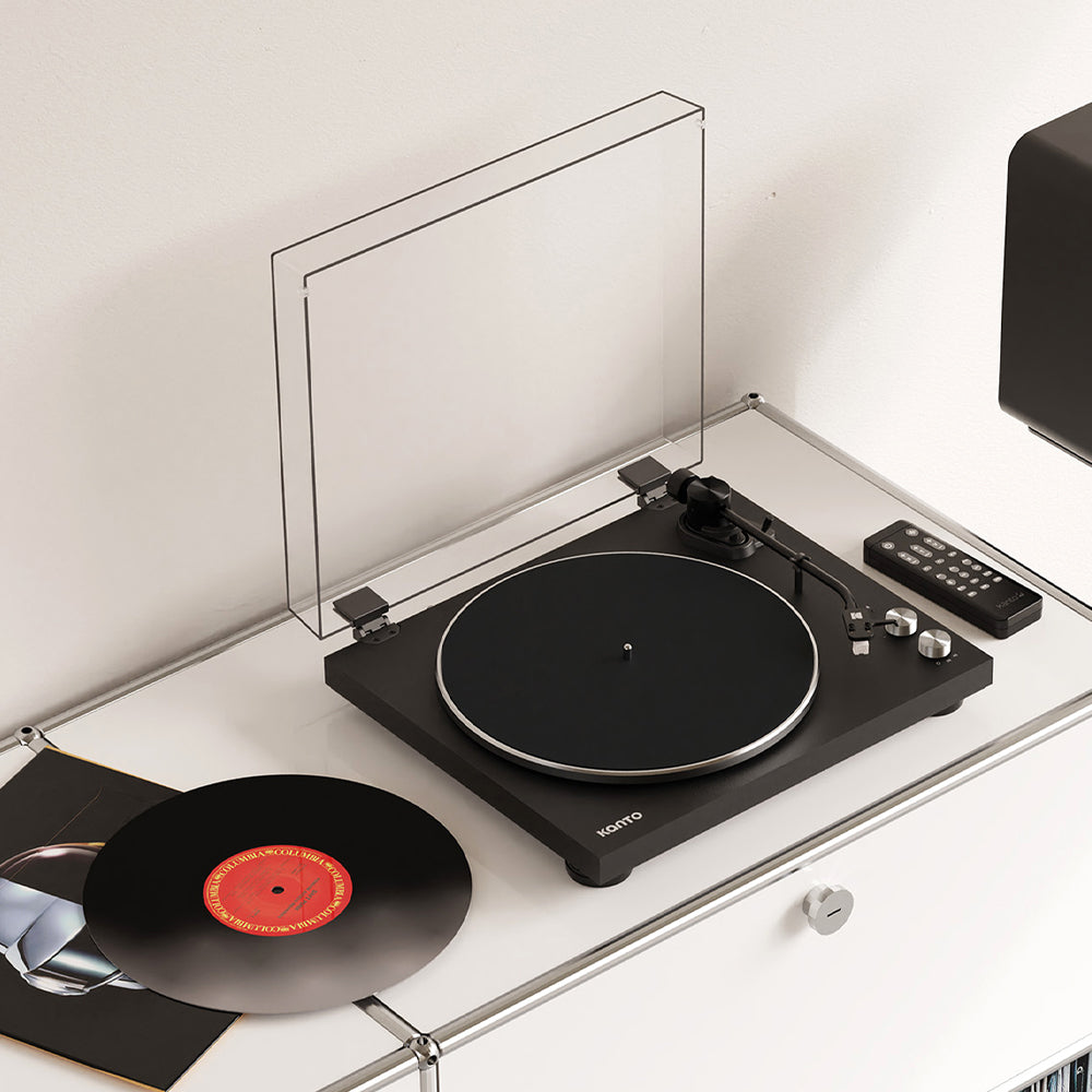 Kanto OBI3 Turntable - Matte Black with Kanto ORA 100W Powered Speakers - Black Bundle