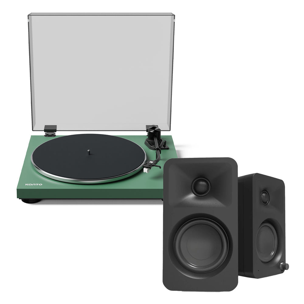 Kanto OBI3 Turntable - Matte Green with Kanto ORA 100W Powered Speakers - Black Bundle