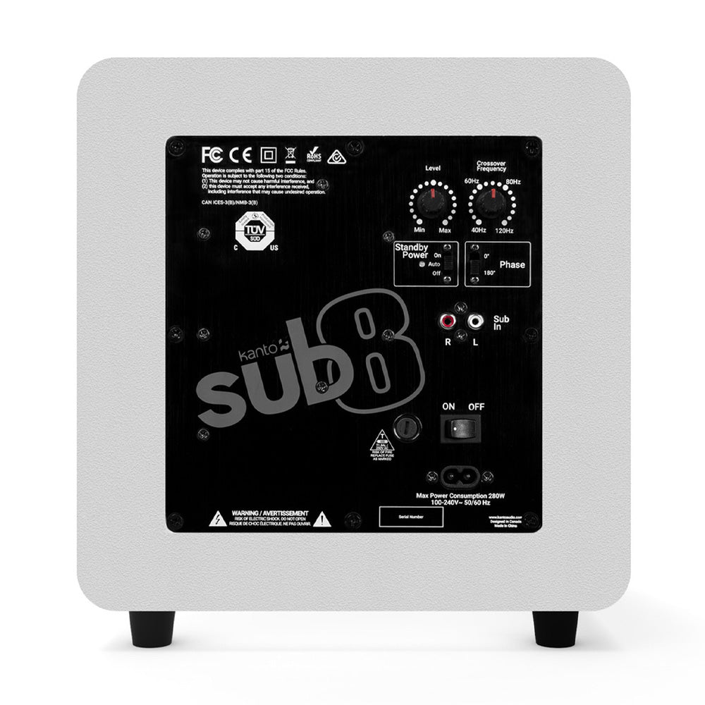 Limited Editon - Kanto SUB8 300W 8" Sealed Powered Subwoofer, Matte White, With White Grill