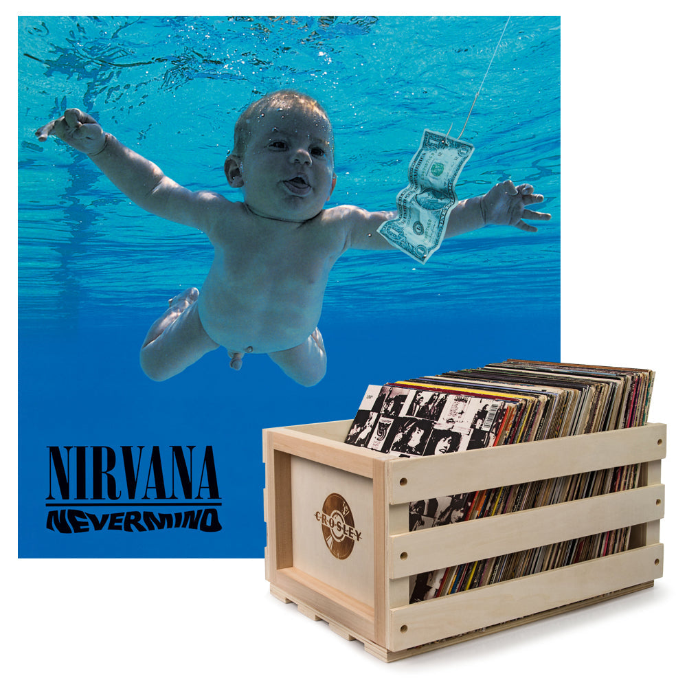 Crosley Record Storage Crate &amp; Nirvana Nevermind - Vinyl Album Bundle