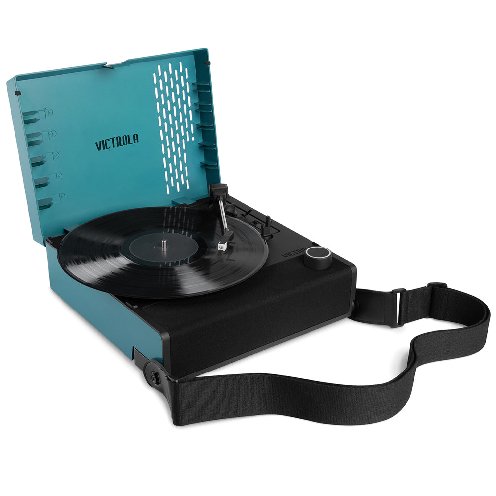 Victrola Revolution Go Turntable - Blue + Entertainment Stand Bundle - Black