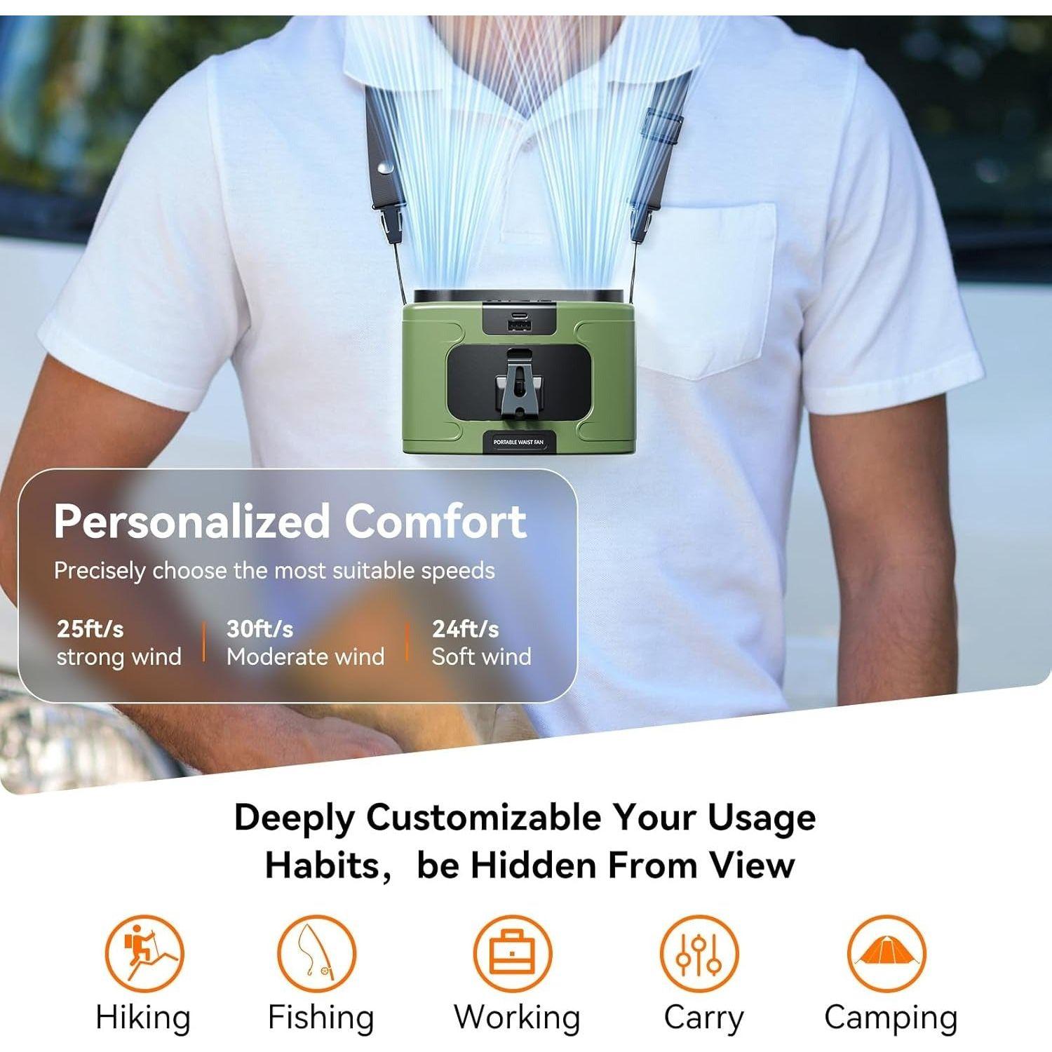 20000mAh Outdoor Portable Waist Fan Hanging Neck Fan Strong Wind with Power Bank LED Lighting for Sports Courier Outdoor Working (Green)