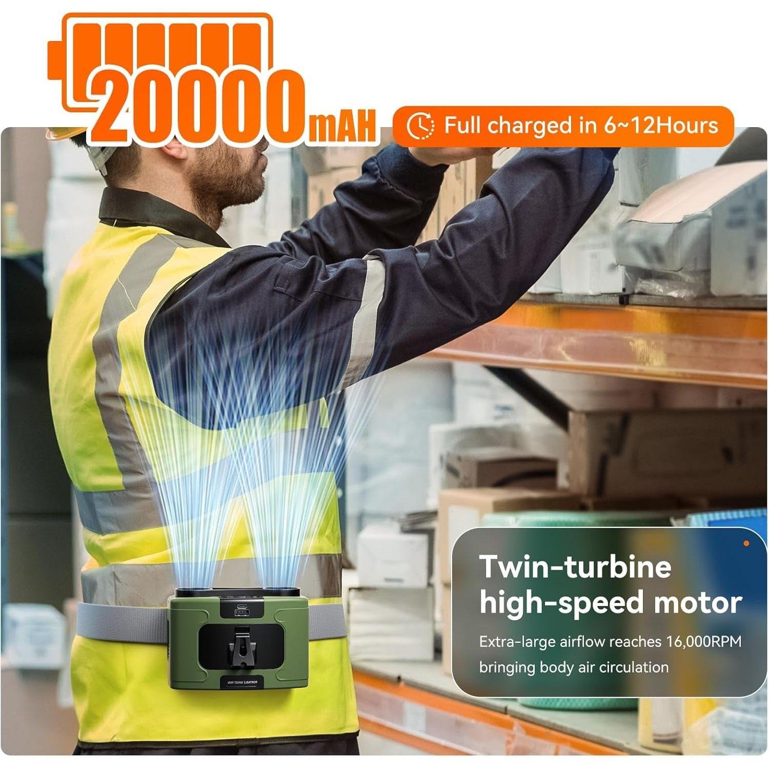 20000mAh Outdoor Portable Waist Fan Hanging Neck Fan Strong Wind with Power Bank LED Lighting for Sports Courier Outdoor Working (Green)