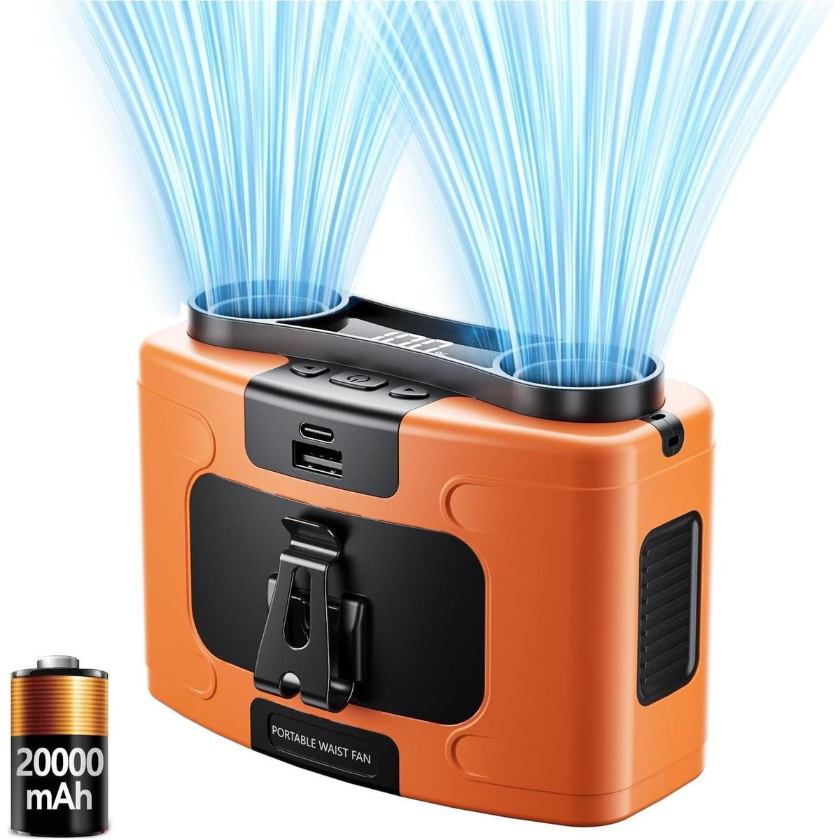 20000mAh Outdoor Portable Waist Fan Hanging Neck Fan Strong Wind with Power Bank LED Lighting for Sports Courier Outdoor Working (Orange)