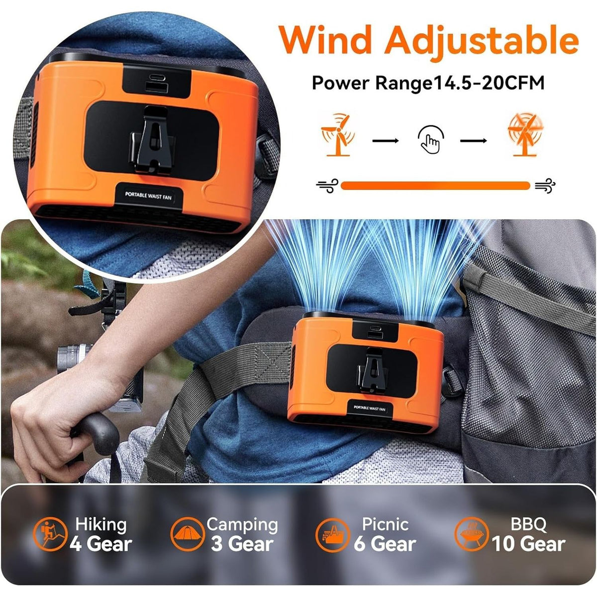 20000mAh Outdoor Portable Waist Fan Hanging Neck Fan Strong Wind with Power Bank LED Lighting for Sports Courier Outdoor Working (Orange)