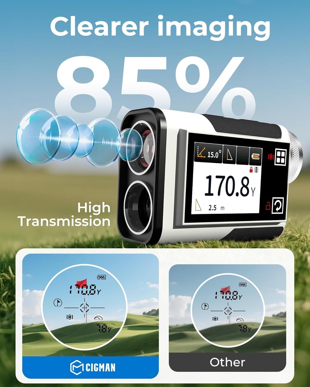 Golf Rangefinder with Slope, CIGMAN 1312 Yards Range Finder Golf, 2.4-inch External Color Touchscreen, Flag Lock Vibration, 6X Magnification, Rechargeable Range Finder, Ideal Golf Accessories