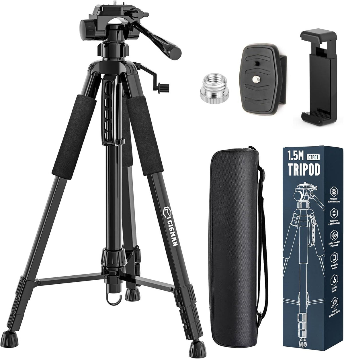 CIGMAN 59-inch Lightweight Adjustable Laser Level Tripod with 3-Way Swivel Pan Head, Bubble Level, Phone Holder, Quick Release Plate with 1/4" Screw Mount &amp; 5/8" UNF Adapter Nut, Camera &amp; Phone Tripod