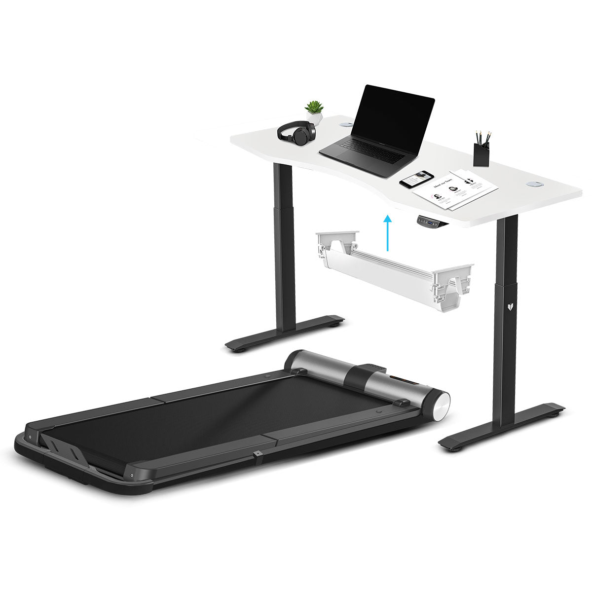 WalkingPad MC21 with Dual Motor Automatic Standing Desk 150cm in White and Cable Management