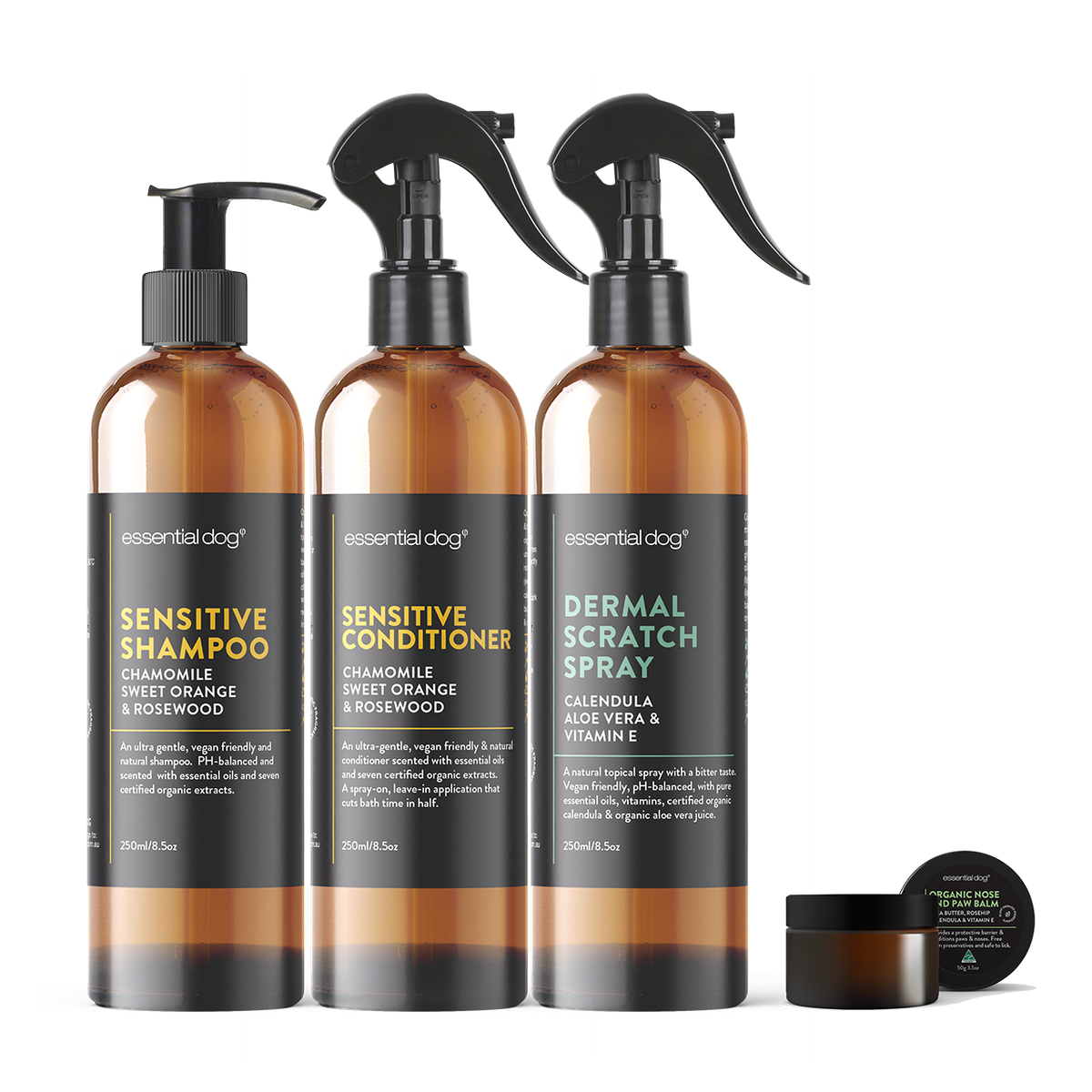 Sensitive Skin Itch Pack: Dog Shampoo, Conditioner, Dermal Scratch Spray &amp; Paw Balm