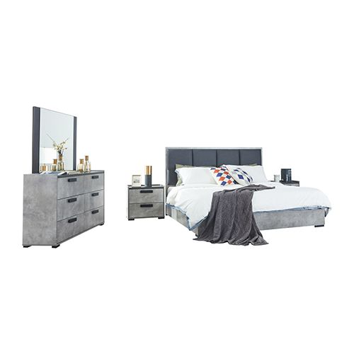 King 4 Pcs Bedroom Suite with Dresser Fabric Combination of Black &amp; Cement Colour