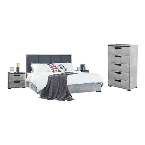 King 4 Pcs Bedroom Suite with Tallboy Fabric Combination of Black &amp; Cement Colour