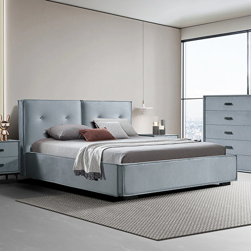 Estella Queen Fabric 4pc Bedroom Suite With Linear Division &amp; Button Studding Headboard