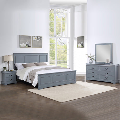 4 Pieces Bedroom Suite in Solid Wood &amp; MDF Queen Size Grey Colour Bed, Bedside Table &amp; Dresser