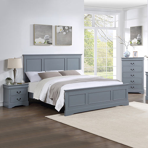 4 Pieces Bedroom Suite in Solid Wood &amp; MDF Queen Size Grey Colour Bed, Bedside Table &amp; Tallboy