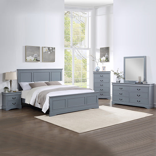 5 Pieces Bedroom Suite in Solid Wood &amp; MDF Queen Size Grey Colour Bed, Bedside Table, Dresser &amp; Tallboy