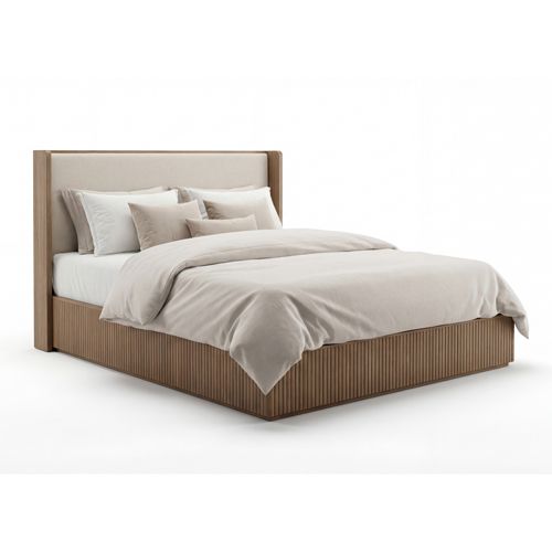 Queen Bed Frame with Fabric Upholstered Headboard in Oak colour
