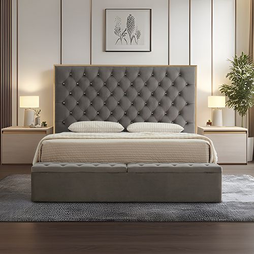 King Storage Bed Frame Fabric Upholstery Tufted Headboard