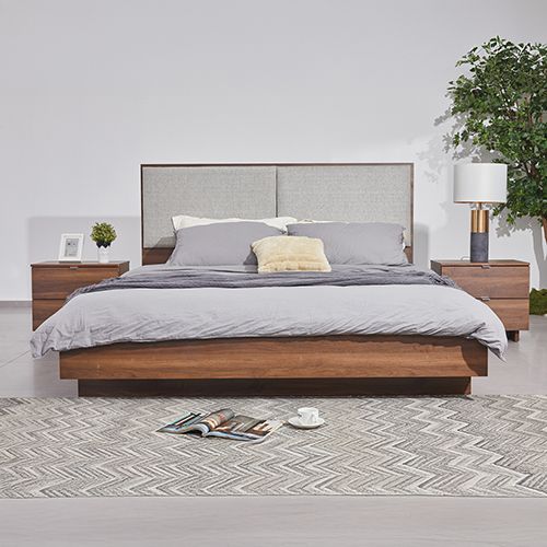 Queen Bed Frame with Melamine Finishing Fabric Upholstered Headboard LED Light