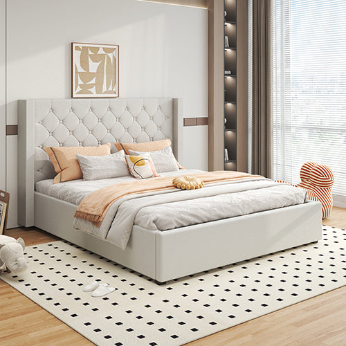 Veronica Bed Frame Queen Size Winged Grey Linen Fabric Seam Grid Pattern with gas lift plywood metal structure