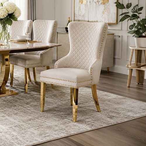 Set of 2 Beige Velvet Dining Chairs – Button Studded Ring Back Design Golden Legs