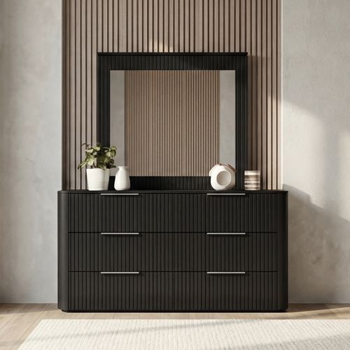 Solid Rubber Wood Dresser with Mirror in Black colour