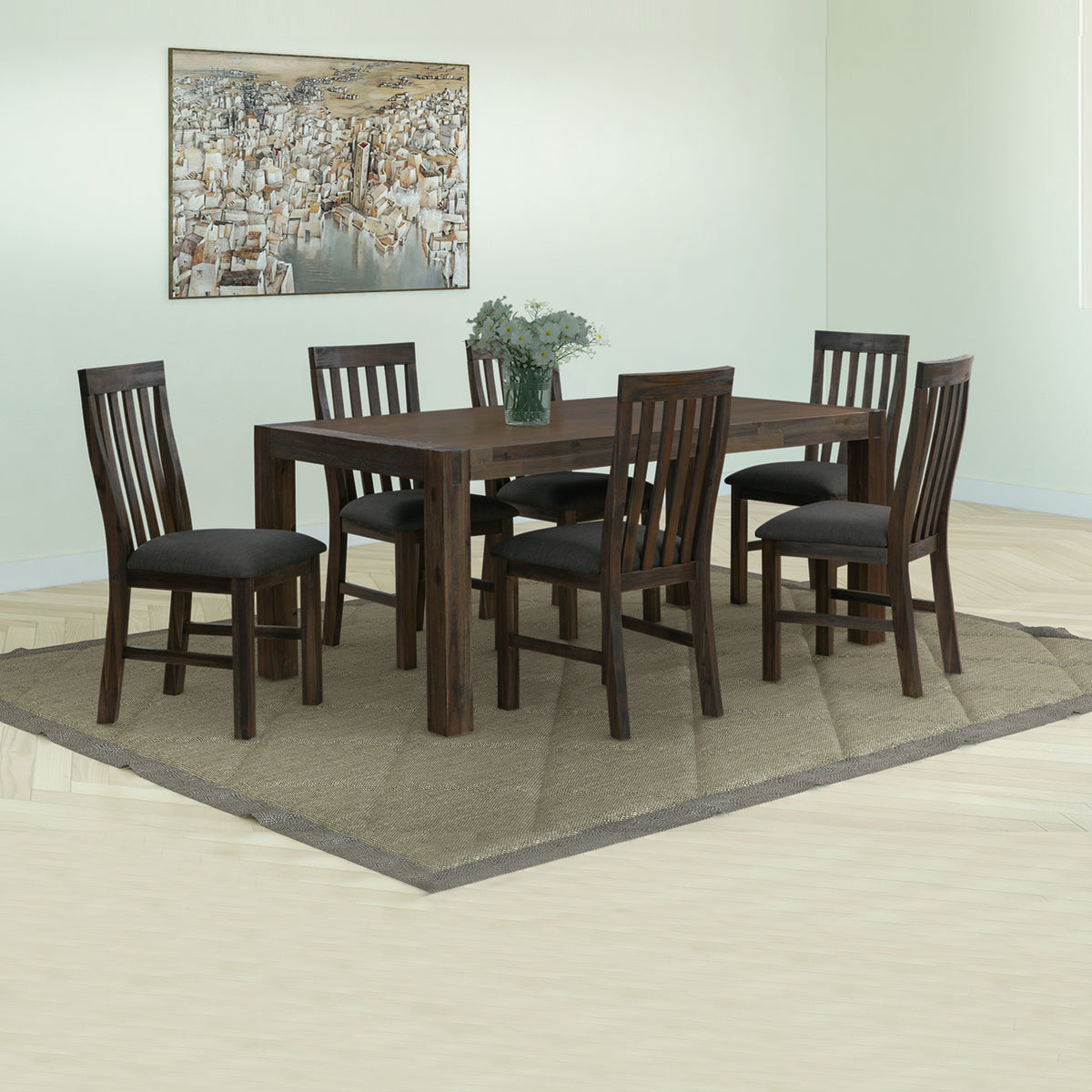 7 Pieces Dining Suite 180cm Medium Size Dining Table &amp; 6X Chairs with Solid Acacia Wooden Base in Chocolate Colour