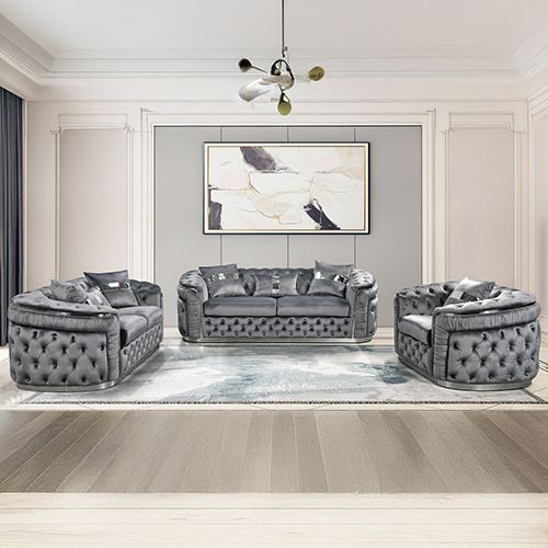 3+2+1 Seater Sofa Set Grey Velvet Fabric Solid Wood construction Silver Stainless Steel Trim
