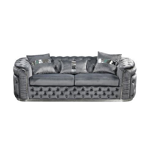3+2 Seater Sofa Set Grey Velvet Fabric Solid Wood construction Silver Stainless Steel Trim