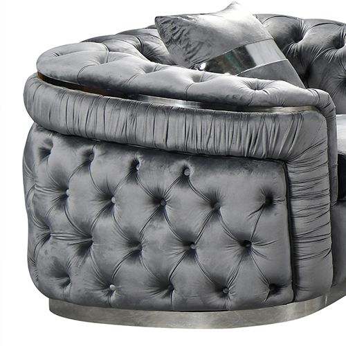 3+2 Seater Sofa Set Grey Velvet Fabric Solid Wood construction Silver Stainless Steel Trim