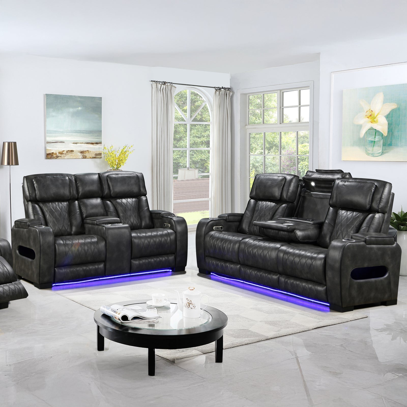 3-2 Seater Electric Air Leather Dark Grey Recliner Set