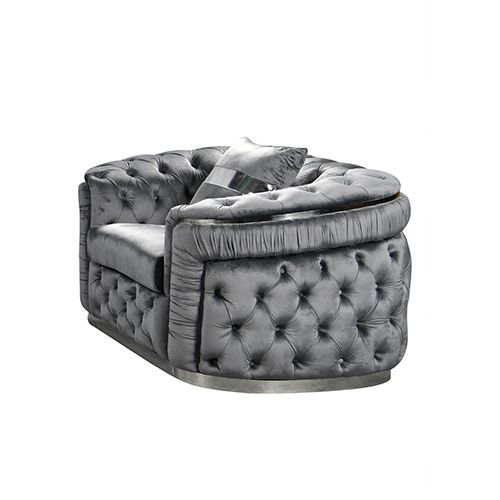 1 Seater Sofa Grey Velvet Fabric Solid Wood construction Silver Stainless Steel Trim