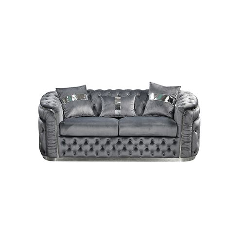 2 Seater Sofa Grey Velvet Fabric Solid Wood construction Silver Stainless Steel Trim