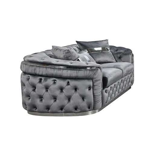 3 Seater Sofa Grey Velvet Fabric Solid Wood construction Silver Stainless Steel Trim