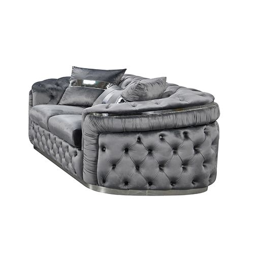 3 Seater Sofa Grey Velvet Fabric Solid Wood construction Silver Stainless Steel Trim